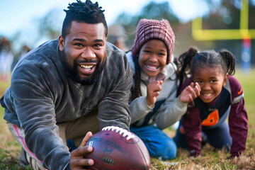 Portrait of a father and two daughters lying down after playing rugby while holding the ball