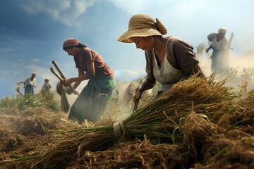 women working on farms in different cultures. There is determination and dedication.