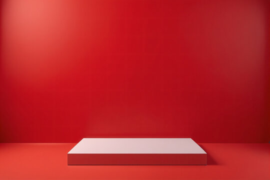 Empty pedestal display on red background with blank stand for product show or presentation © Giuseppe Cammino