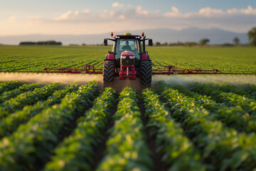 Fototapeta premium Tractor spraying pesticides in soybean field during springtime