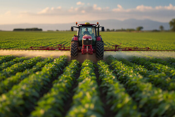 Tractor spraying pesticides in soybean field during springtime