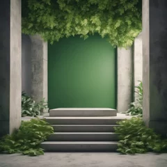 Tuinposter one and concrete podium in Natural green background, the scene with green leaves © Adi