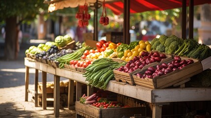 Stalls filled with a wide variety of fresh fruits and vegetables. - obrazy, fototapety, plakaty