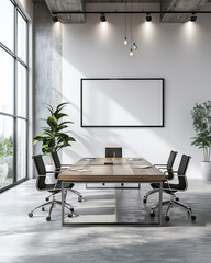 Illustration, modern office white conference room with wooden furniture, conference table, black wheelchairs, and white rectangle layout. Soft light from the windows.