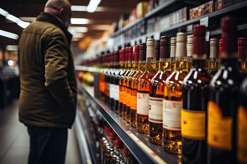 Foto op Plexiglas A man in a supermarket in the alcohol section chooses a drink. © Niko_Dali