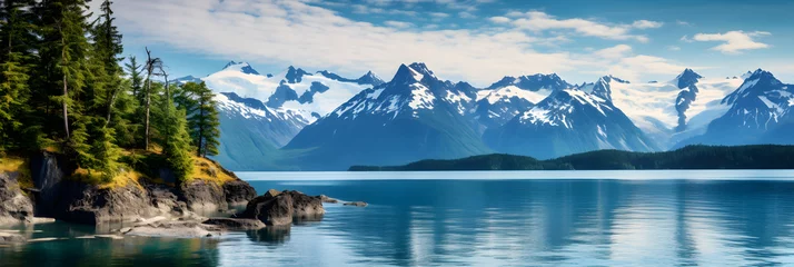 Fotobehang Breathtaking Alaskan Landscape: Glacial Waterscape with Cruising Boat © Adele