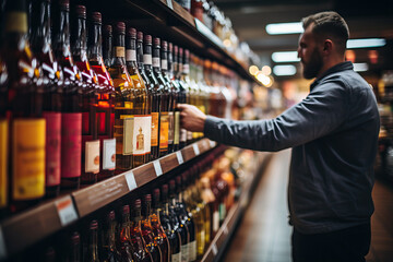 A man in a supermarket in the alcohol section chooses a drink. Alcohol addiction concept. - obrazy, fototapety, plakaty