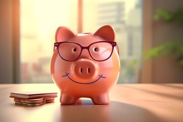 A pink piggy bank sitting on top of a counter. Perfect for finance, savings, and budgeting concepts a pig money box on a table with blurred background 