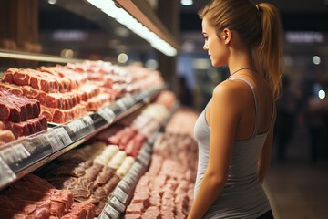 A person chooses meat in a meat row in a supermarket.