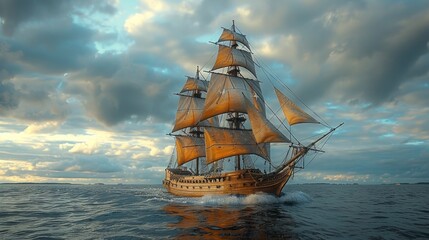 realistic sharp camera image of wooden windjammer ship,