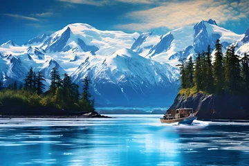 Fototapeten Breathtaking Alaskan Landscape: Glacial Waterscape with Cruising Boat © Adele
