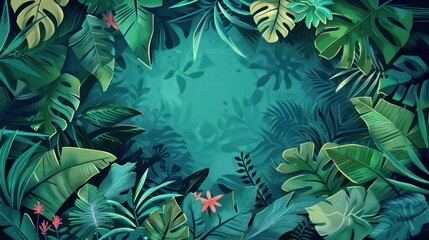 Fototapeta premium A lush greenery illustration featuring leaves, floral elements, and jungle scenery with a blank frame in the center