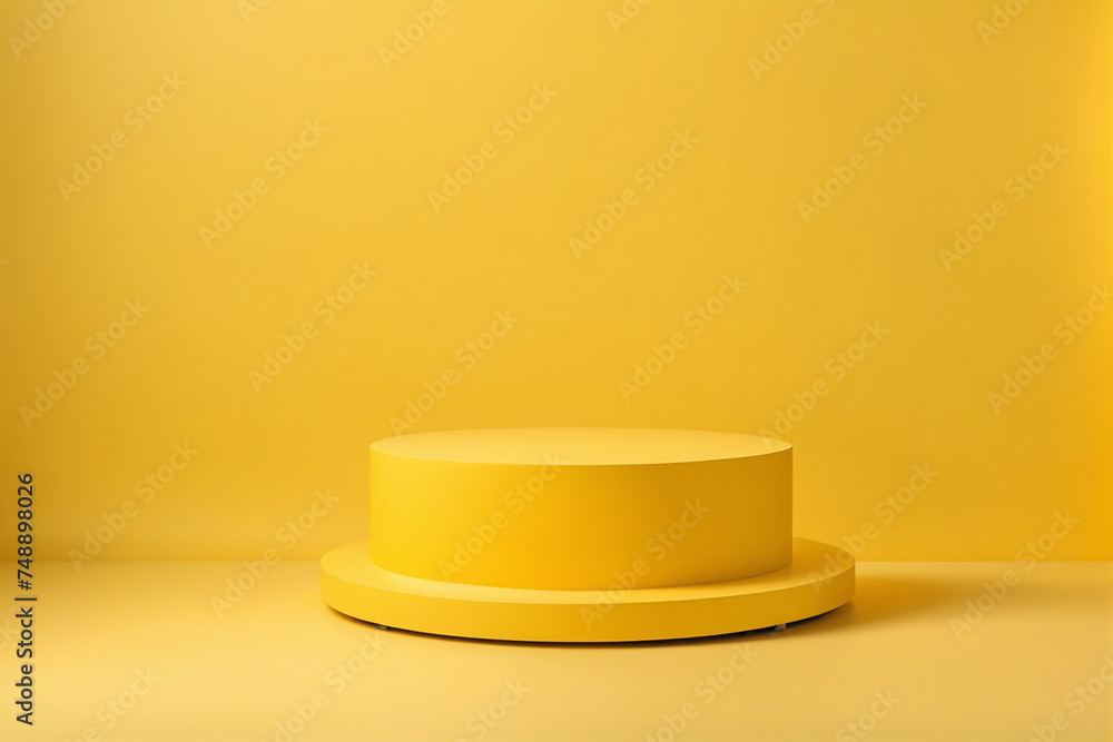 Poster empty pedestal display on yellow background with blank stand for product show or presentation