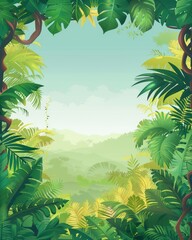 A lush greenery illustration featuring leaves, floral elements, and jungle scenery with a blank frame in the center