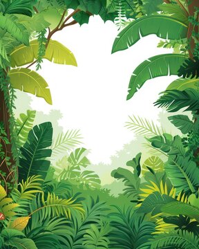 jungle illustration with a blank frame in the middle, resembling a book page, surrounded by lush greenery