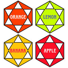 set of sign A drawing of four colorful shapes with the words orange lemon banana and apple written inside them