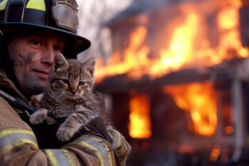 Fototapeta premium Brave firefighter rescues adorable kitten from a blazing fire, capturing a heartwarming moment of heroism