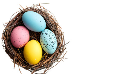 Nest Filled With Colorful Eggs on White Background, cut out Easter symbol