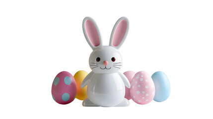 Fototapeta premium White Bunny Sitting in Front of Colorful Eggs, cut out Easter symbol