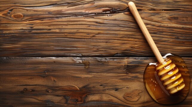 Close up of melted honey with wooden honey scoop on wooden table. copy space. generative AI image