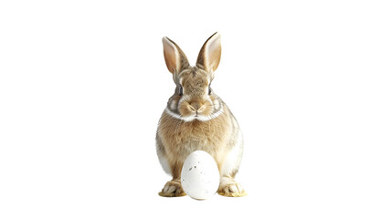 Rabbit Sitting Next to Egg on White Background, cut out Easter symbol