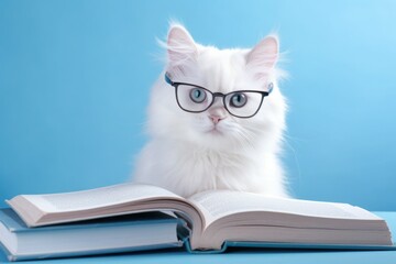 Caucasian cat in glasses reading a book