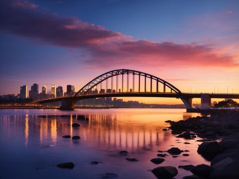 "Bridges in Twilight Brilliance: A Majestic Cityscape Under the Setting Sun's Warm Embrace"
