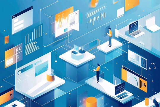 Dive into the digital realm with this vibrant isometric illustration