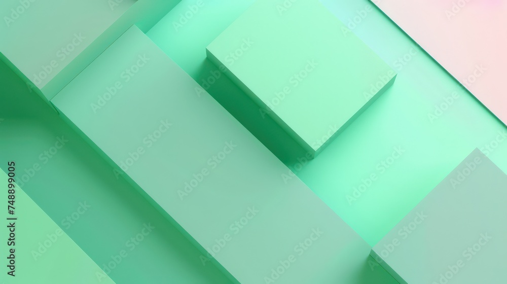 Poster an image featuring an arrangement of abstract geometric shapes with a smooth surface and pastel colo