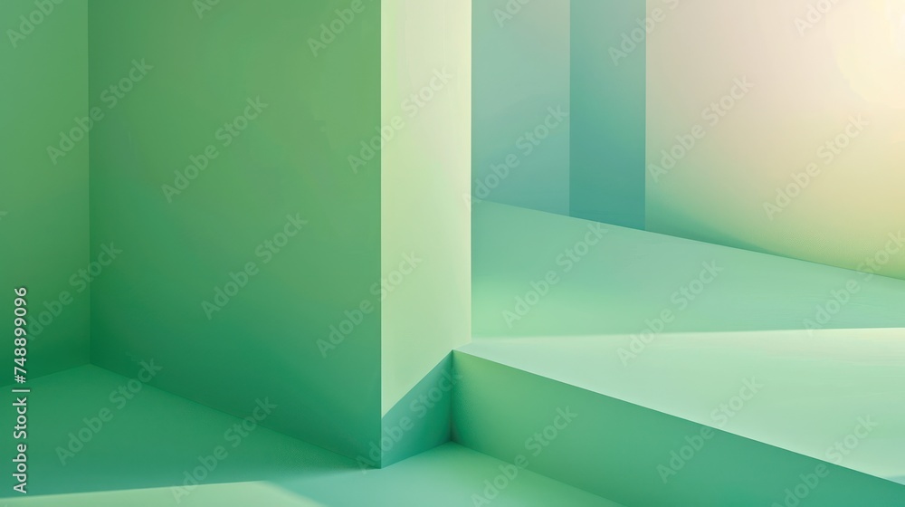 Poster this image features a soothing green and mint color palette with geometric shapes and soft lighting 