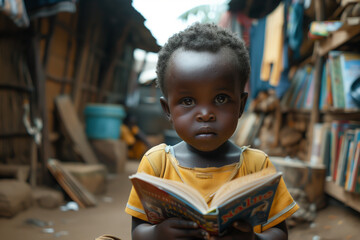 a child reading a book in various settings, focusing on the universal love for stories across cultures and environments.