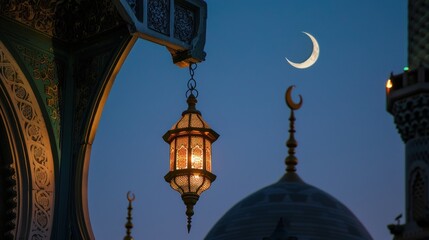 Fototapeta na wymiar Crescent moon and lighted lanterns for mosque attributes. generative AI image