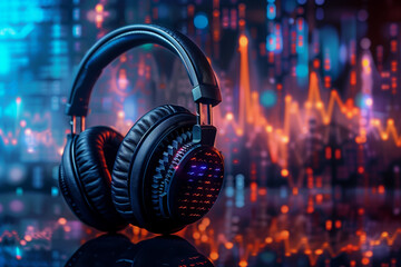 a pair of headphones against a backdrop of vibrant digital sound waves and musical notes. - obrazy, fototapety, plakaty