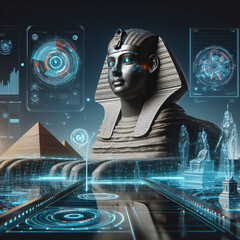 Digital Renaissance - Sphinx Statue in Futuristic Harmony