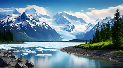 Foto auf Acrylglas Breathtaking Alaskan Landscape: Glacial Waterscape with Cruising Boat © Adele