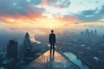 leadership in action, a confident businessman at the pinnacle of success, high above the bustling cityscape.