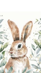 Rabbit surrounded by leaves watercolor painting