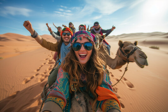 Several people engaging in a cheerful camel ride through the desert, a scene brought to life in rich colors.