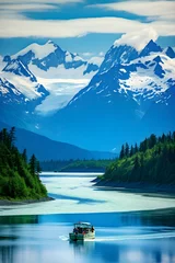 Poster Breathtaking Alaskan Landscape: Glacial Waterscape with Cruising Boat © Adele