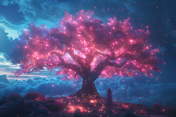 Mindful Moments, Enigmatic Tree Adorned with Glowing Stars of Thought