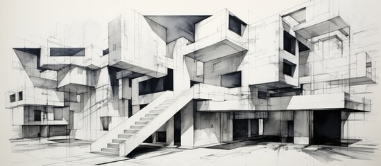 A detailed black and white drawing of a multilevel building interior, showcasing stairs leading to different levels. The building features windows and architectural details,