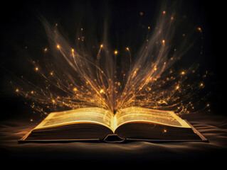 Large dark open book on black background. Golden rays and sparks around the book, a bright glow. The magic of reading. Close-up.