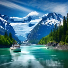 Gordijnen Breathtaking Alaskan Landscape: Glacial Waterscape with Cruising Boat © Adele
