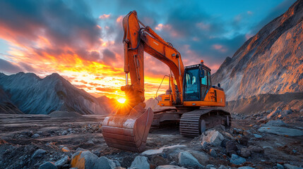 Excavator in open pit mining Excavator on earthmoving on sunset Loader on excavation Earth Moving Heavy Equipment Earth mover ar construction site Backhoe Loader on Road construction - obrazy, fototapety, plakaty