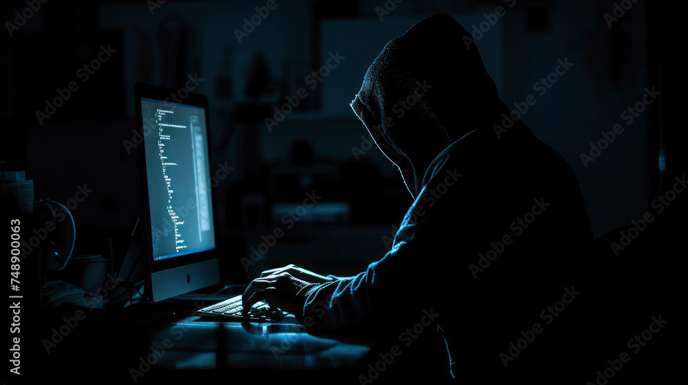 Poster a darkened room where a single computer screen casts light on the silhouette of a person typing poss