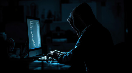 A darkened room where a single computer screen casts light on the silhouette of a person typing possibly wearing a hoodie symbolizing the persistent threat of cyber attacks and cybersecurity - obrazy, fototapety, plakaty