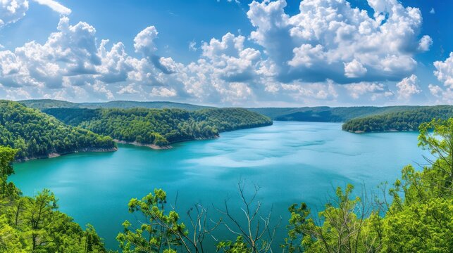 A panoramic scene of the calm lake under the blue summer sky, creating a serene atmosphere.
