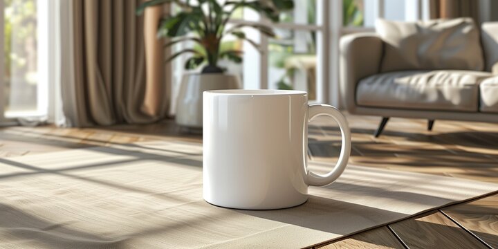 White mug mockup in living room setting