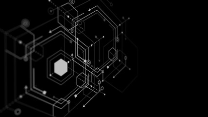 Black technology background. Technical drawing . Geometric lines and squares. illustration.