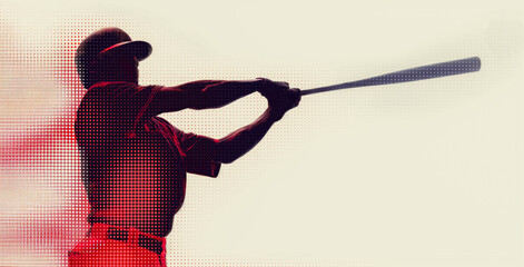 Power Hitter Baseball Player Silhouette hitting a Swing on a Red to White Dot Gradient - Poster Design Evoking Themes of Passion and Precision in Sports 